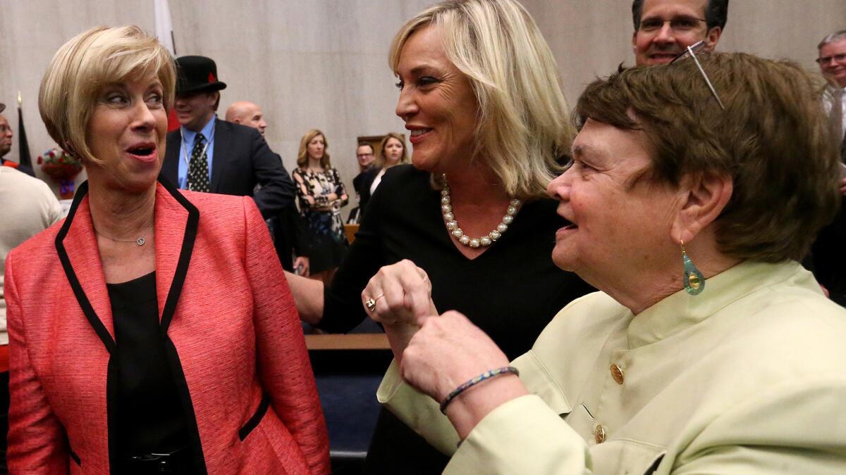 New L.A. County Supervisors Janice Hahn and Kathryn Barger, seen with Sheila Kuehl.