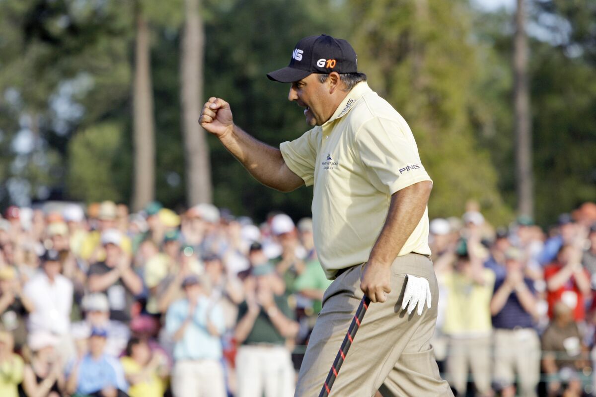 FILE - Angel Cabrera, of Argentina, reacts during the final round of the Masters golf tournament at the Augusta National Golf Club in Augusta, Ga., on April 12, 2009. As the Masters unfolds this week, 2009 winner Angel Cabrera sits in an Argentinian prison.(AP Photo/Morry Gash, File)