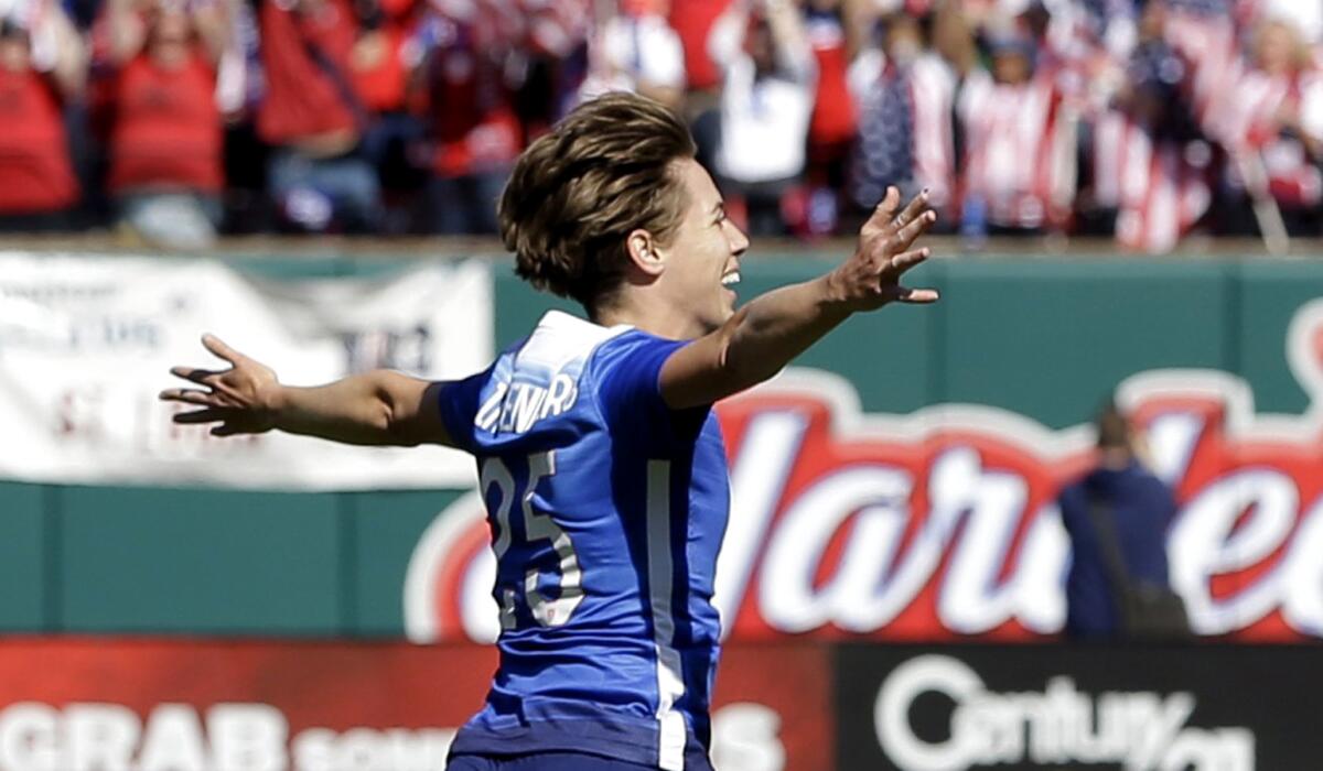 U.S. midfielder Meghan Klingenberg celebrates after scoring against New Zealand in the first half of an exhibition soccer match Saturday.