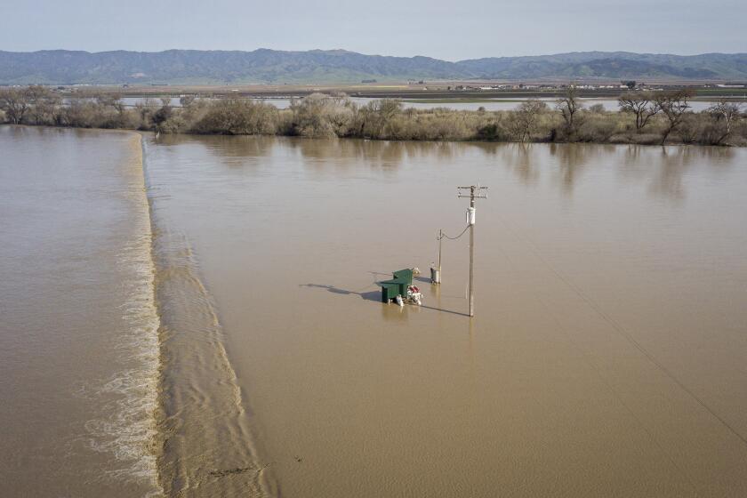 A breach from the Salinas River floods agricultural lands in Salinas, Monterey County, Calif. on Thursday, Jan. 12, 2023. (Bronte Wittpenn/San Francisco Chronicle via AP)