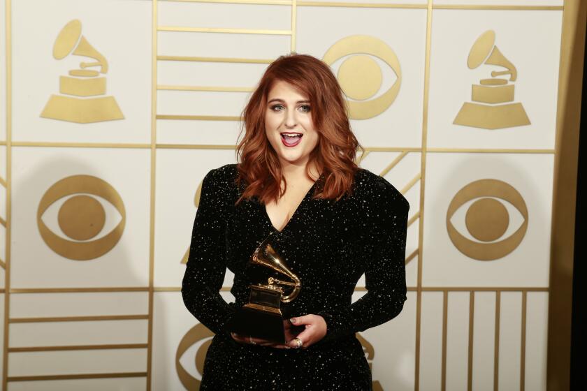 Meghan Trainor, with her Grammy for best new artist, backstage at the 58th Annual Grammy Awards at Staples Center in Los Angeles, CA. Monday, February 15, 2016.