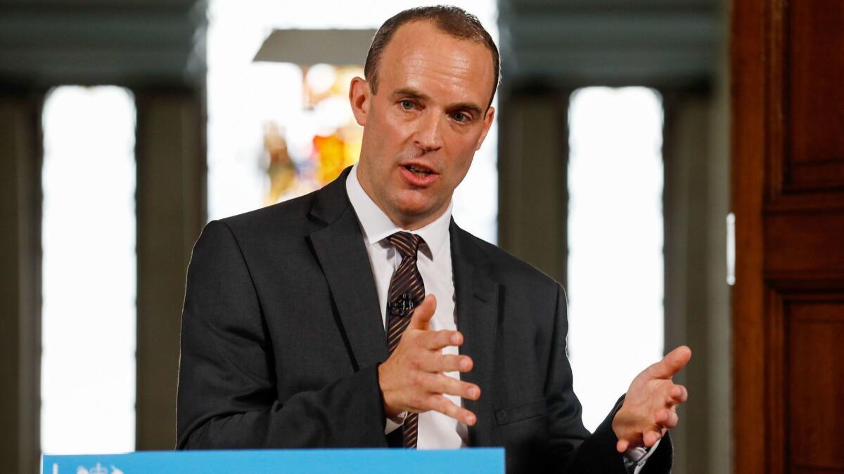Dominic Raab, the UK's Brexit secretary, delivers a speech Thursday in London in which he unveiled a series of technical documents that would provide contingency plans in case no EU exit deal is reached.