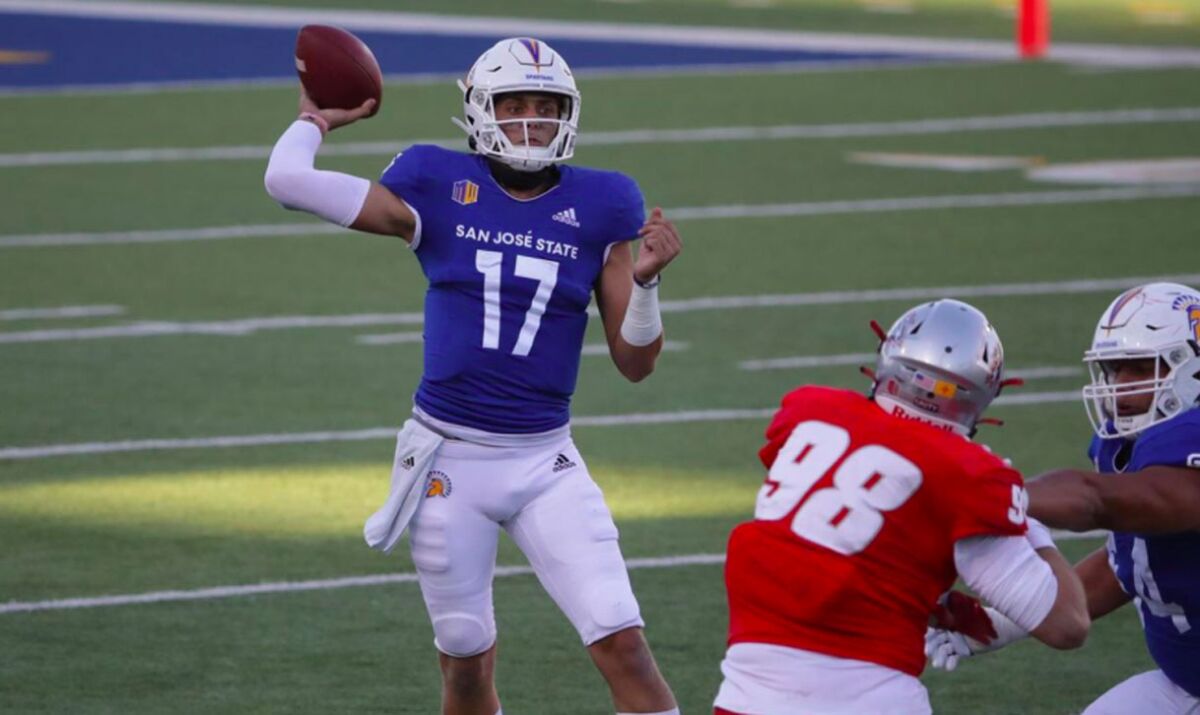 San Jose State quarterback Nick Starkel passed for 467 yards and five touchdowns last week against New Mexico.