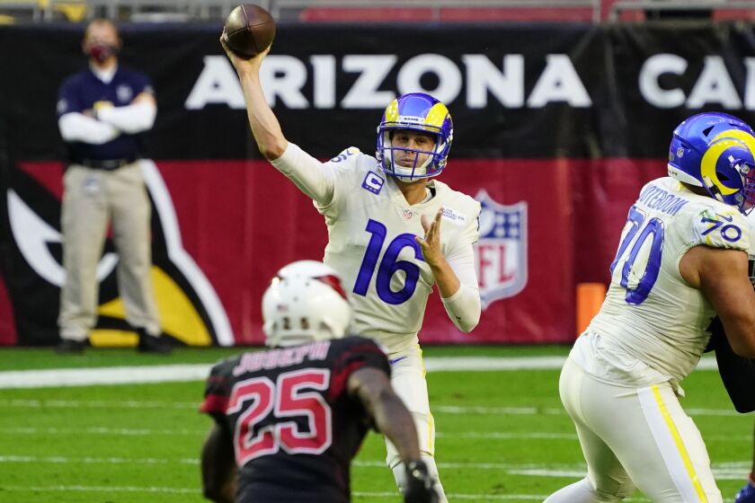 Los Angeles Rams quarterback Jared Goff (16) throws as Arizona Cardinals cornerback Johnathan Joseph.