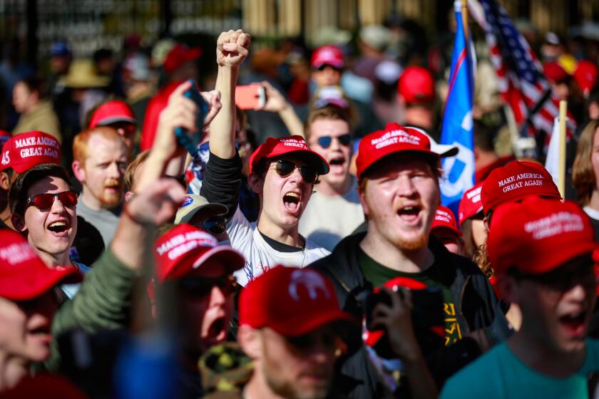 ATLANTA, GA - NOVEMBER 21: Hundreds of Trump supporters cheer on Trump near the Capitol Building for the Stop the Steal Rally in Atlanta, GA. as well as counter protesters in Atlanta, GA. (Jason Armond / Los Angeles Times)