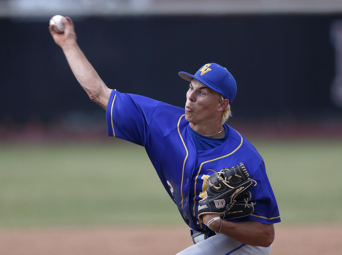 Fountain Valley starting pitcher Tim Grack throws a pitch during a CIF Division 2 playoff game against Fullerton on Friday.