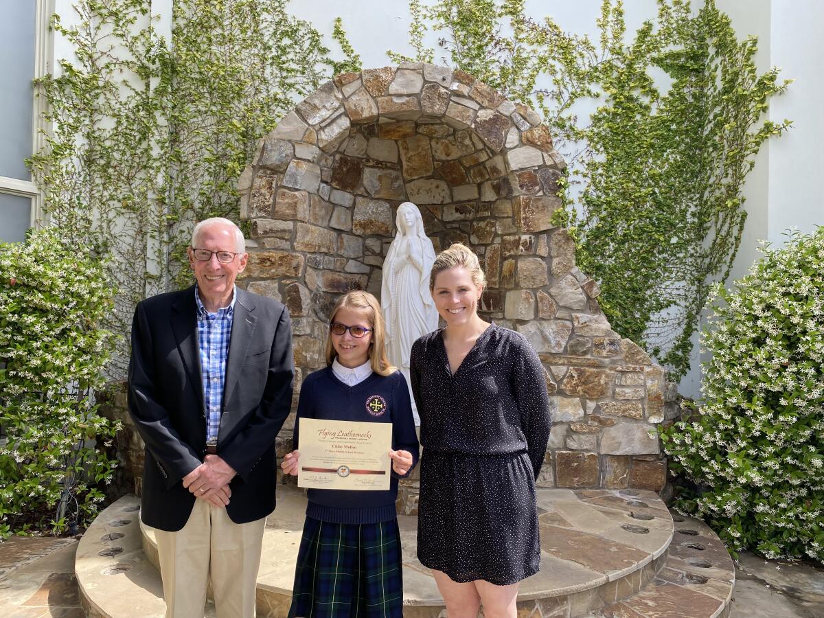 Chloe Mullen with her hero grandfather Bill Haynor and teacher Jasmin Zures,
