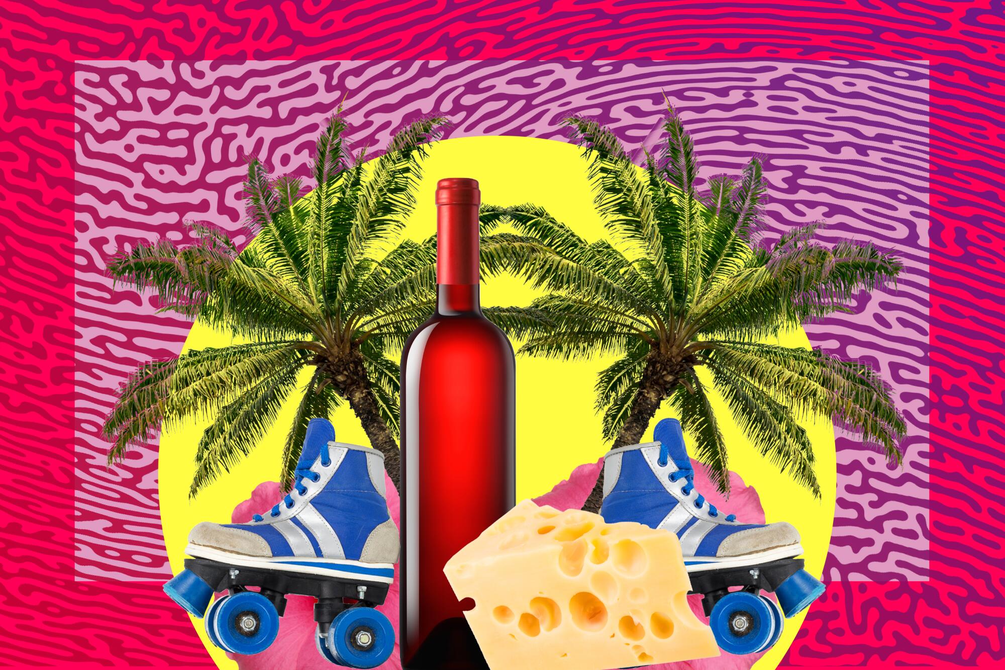 Illustration of palm trees, wine, cheese and roller skates.