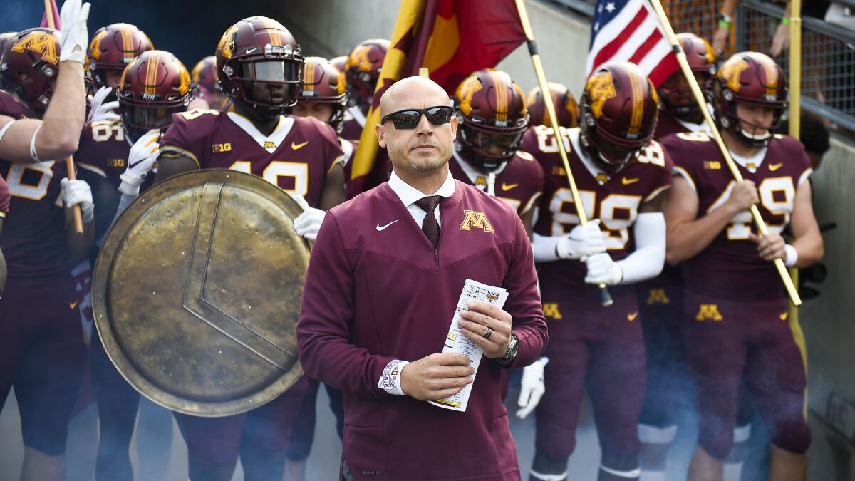 Minnesota coach P.J. Fleck waits to take the field before a game against Miami of Ohio on Sept. 11.