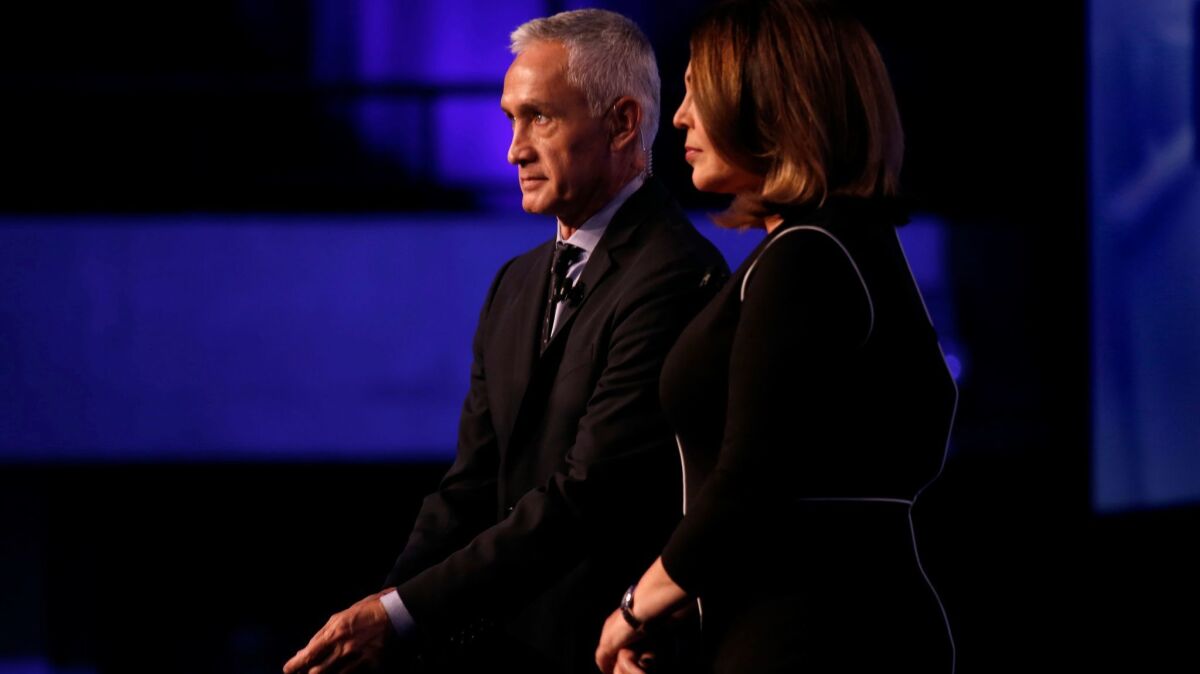 Univision news anchors Jorge Ramos and Maria Elena Salinas in March 2016 at Miami-Dade College in South Florida.