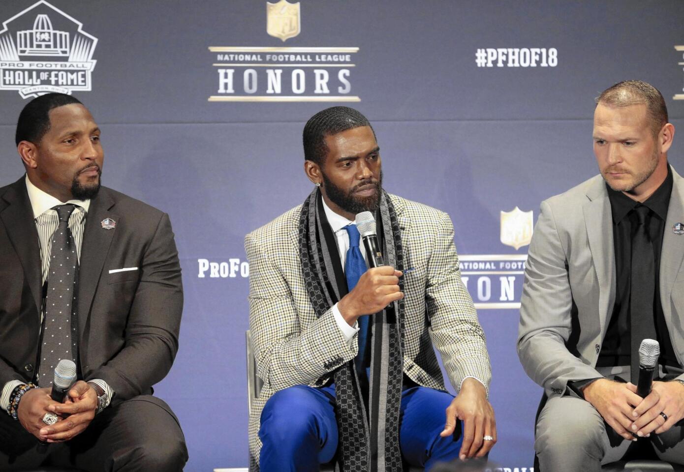 Former NFL players Ray Lewis, from left, Randy Moss and Brian Urlacher are among the inductees who will be inducted in August into the Pro Football Hall of Fame.