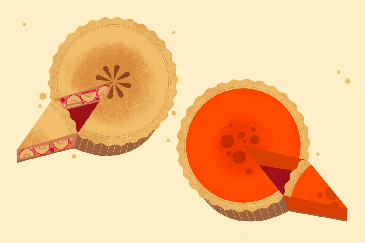 An apple and pumpkin pie in the shape of a speech bubble.