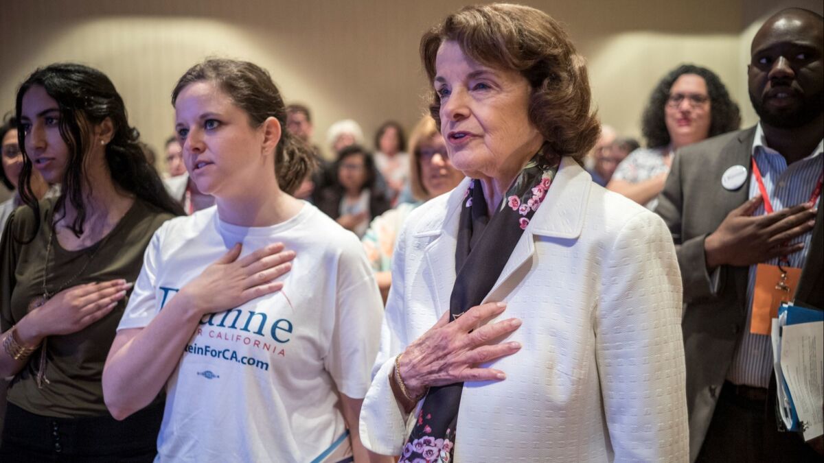 Sen. Dianne Feinstein, pictured at a California Democratic Party's women's caucus meeting, has emphasized her position as the highest-ranking Democrat on the Senate Judiciary Committee.