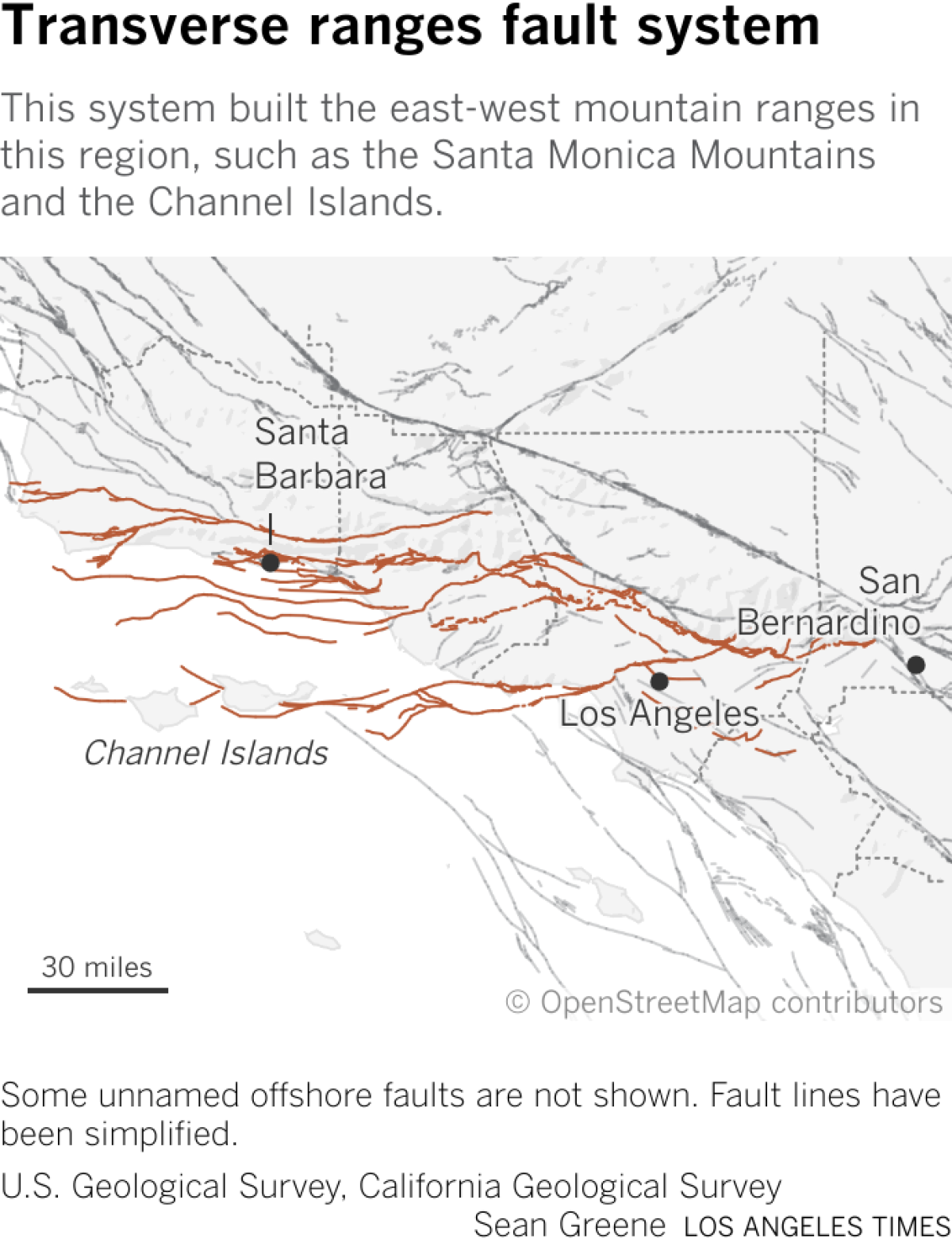 Map shows the locations of faults in the Transverse Ranges. The faults move from west to east through the mountains of Santa Barbara, Ventura and Los Angeles Counties, as well as the Channel Islands.