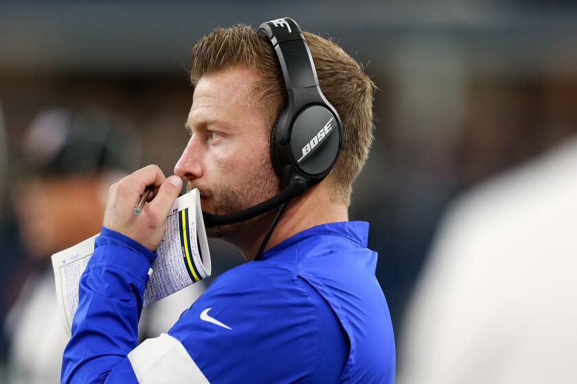 ARLINGTON, TEXAS - DECEMBER 15: Head coach Sean McVay of the Los Angeles Rams stands on the sideline in a game against the Dallas Cowboys at AT&T Stadium on December 15, 2019 in Arlington, Texas. (Photo by Richard Rodriguez/Getty Images)