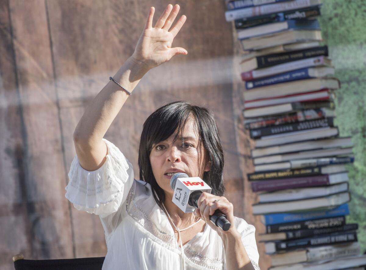 Journalist and author Anabel Hernández talks about "A Massacre in Mexico: The True Story Behind the Missing Forty-Three Students" at the Los Angeles Times Festival of Books at USC.