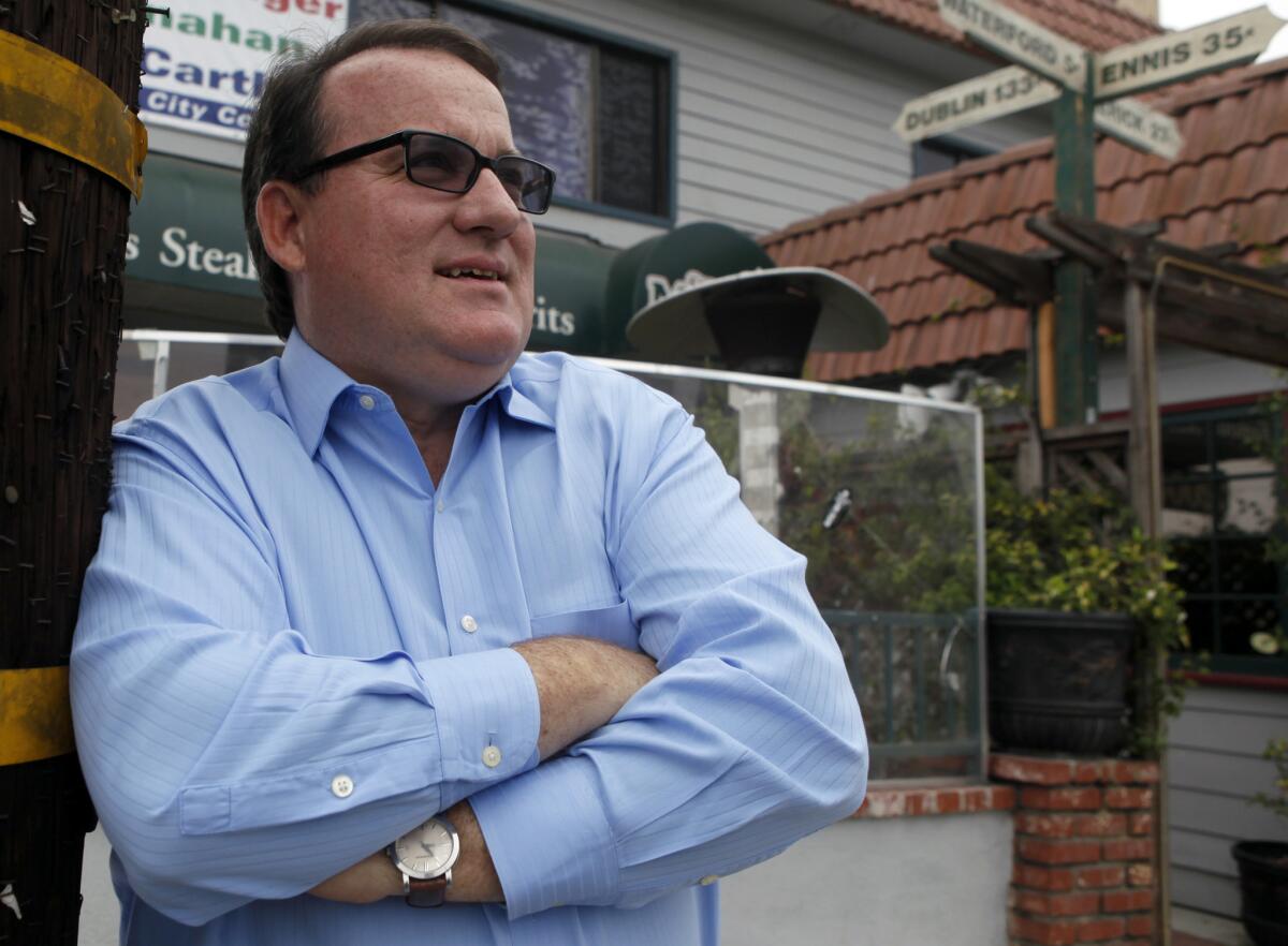 Jim Righeimer stands in front of in front of Skosh Monahan's restaurant in Costa Mesa on Sept. 13, 2012.