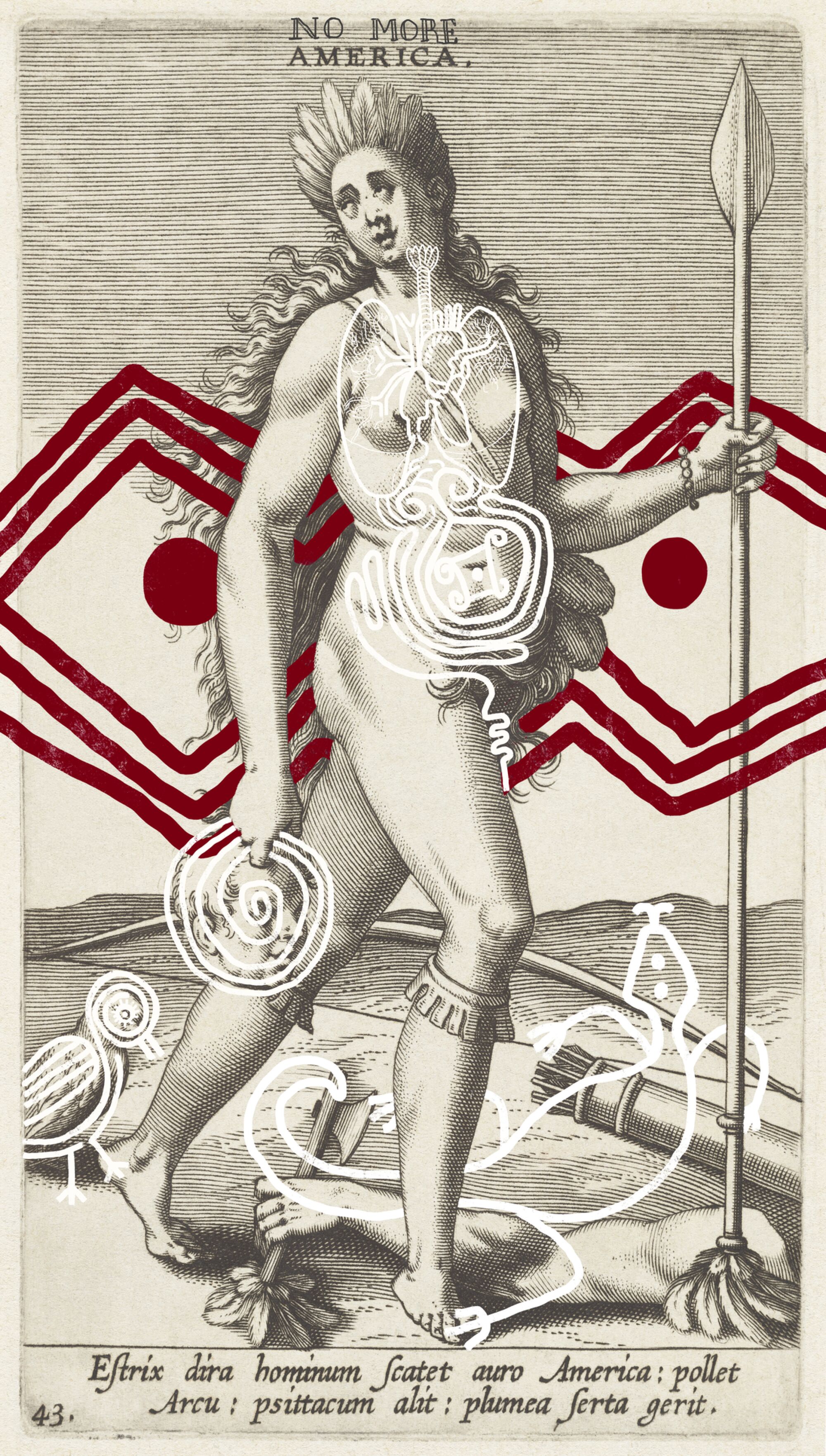 A 1600s print of America, shown as a nude Indigenous woman, features patterns added digitally by Denilson Baniwa
