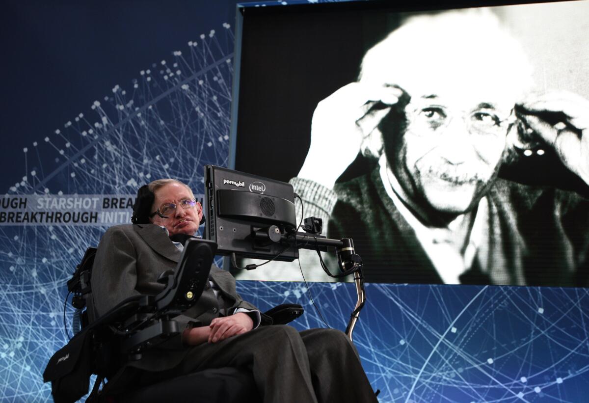 Stephen Hawking at a news conference to announce the Starshot initiative April 12 in New York.
