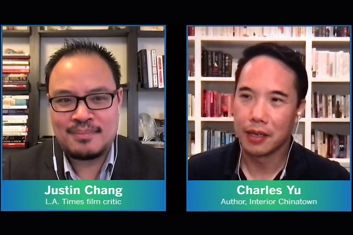 A screenshot of film critic Justin Chang and author Charles Yu in conversation at the event