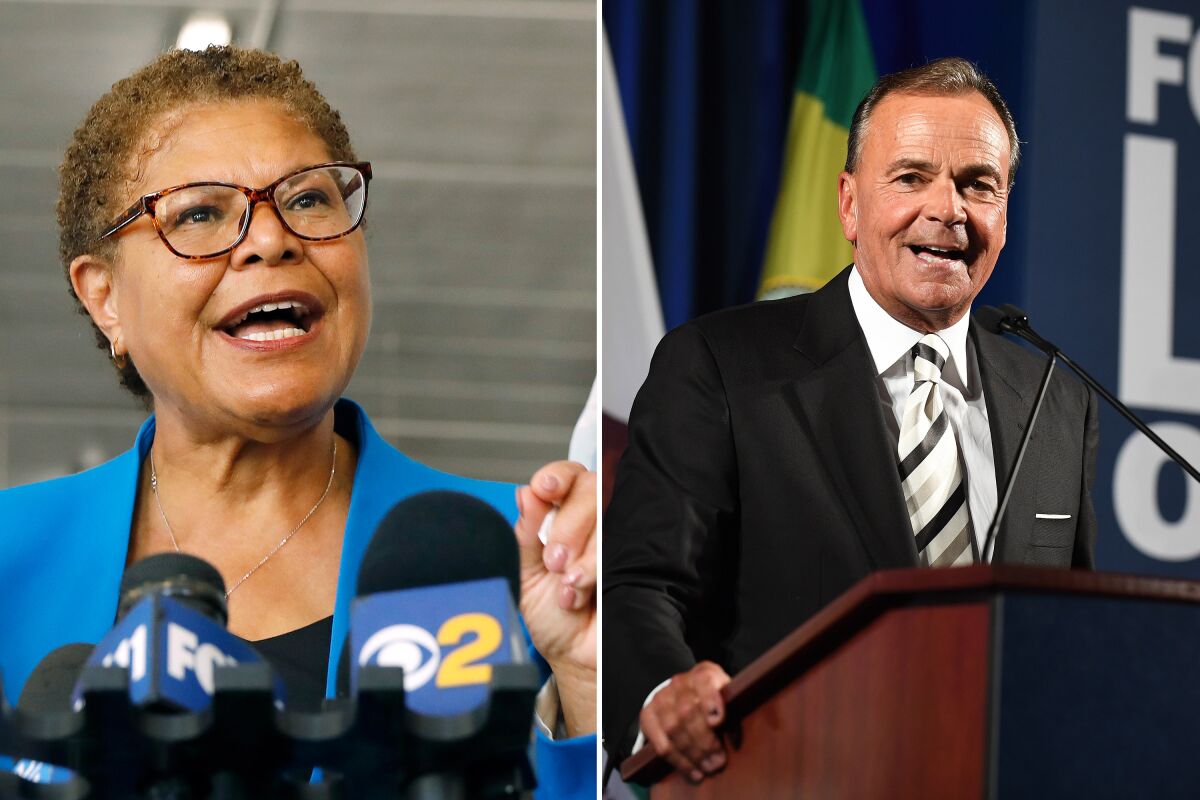Photos of Karen Bass and Rick Caruso speaking into microphones at separate appearances.
