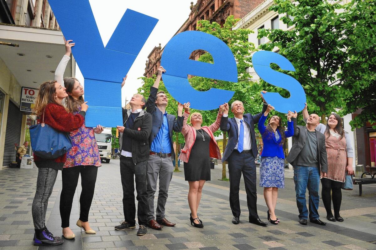 Proponents of the Scottish independence referendum campaign last May in Glasgow.