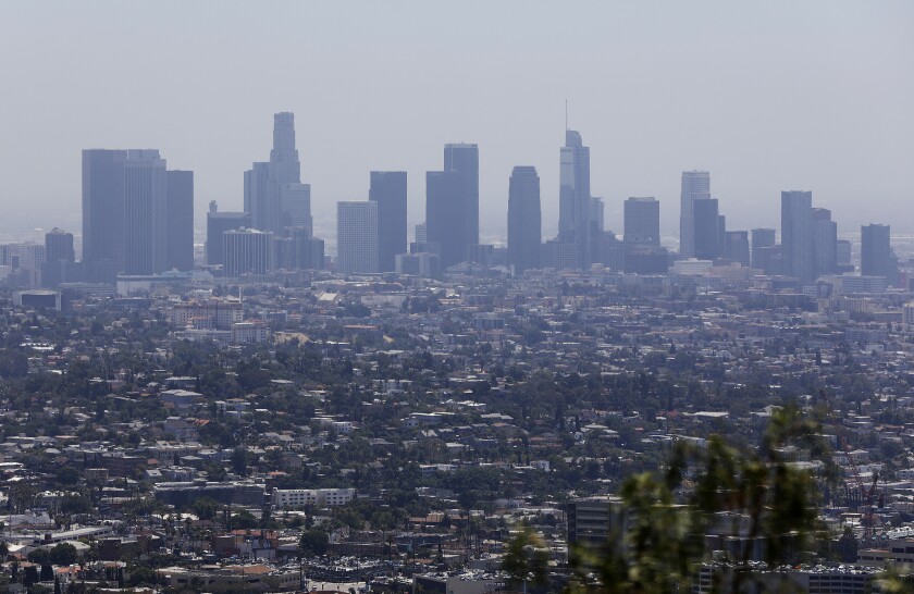 Downtown Los Angeles skyline is seen from Griffith Observatory