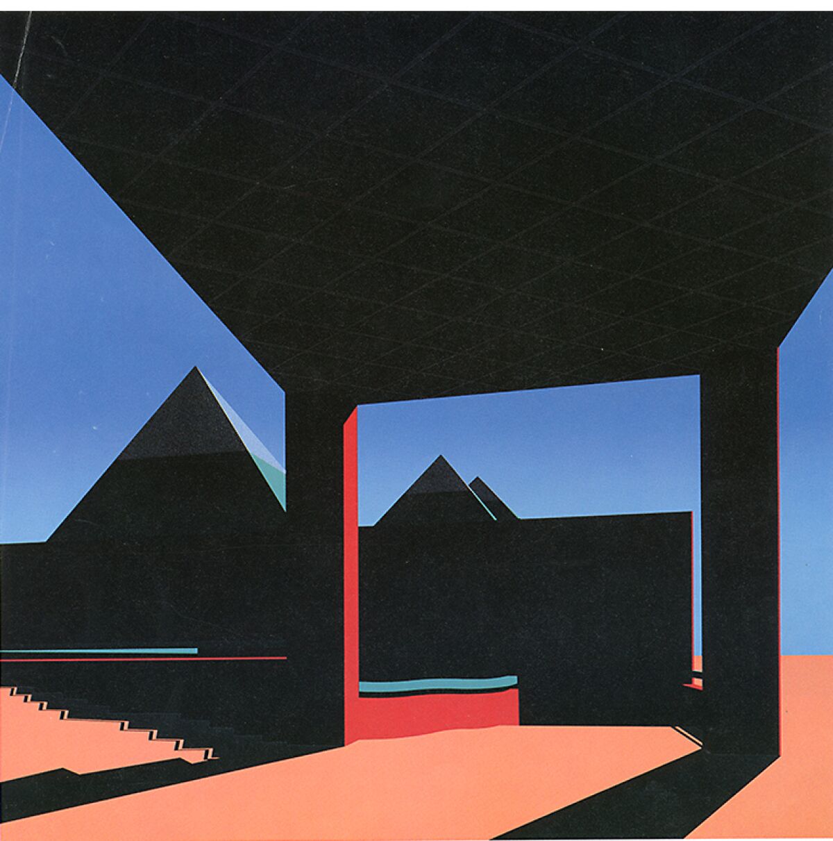 A screen print of bright color blocks shows the MOCA's pyramidal skylights jutting out of the roof.