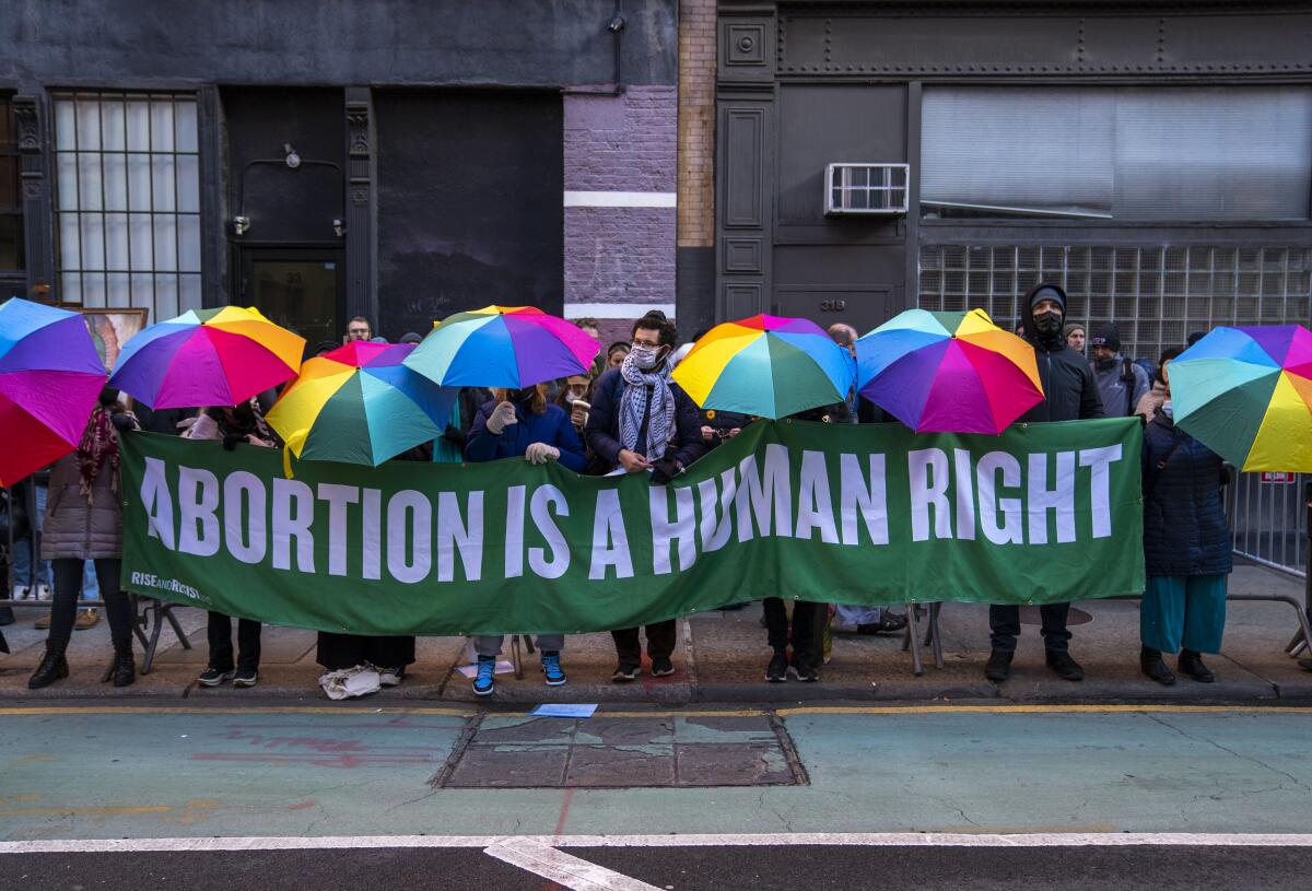 A line of demonstrators with umbrellas and a banner that says 'Abortion is a human right'