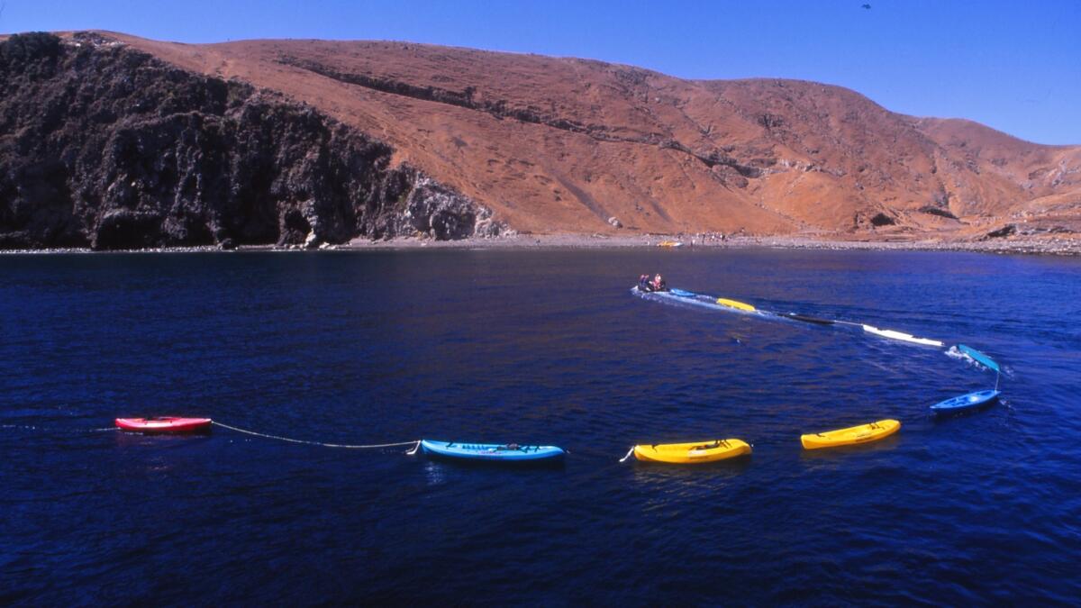 A string of kayaks approaches Scorpion Anchorage on Santa Cruz Island, busiest of the islands in Channel Islands National Park.