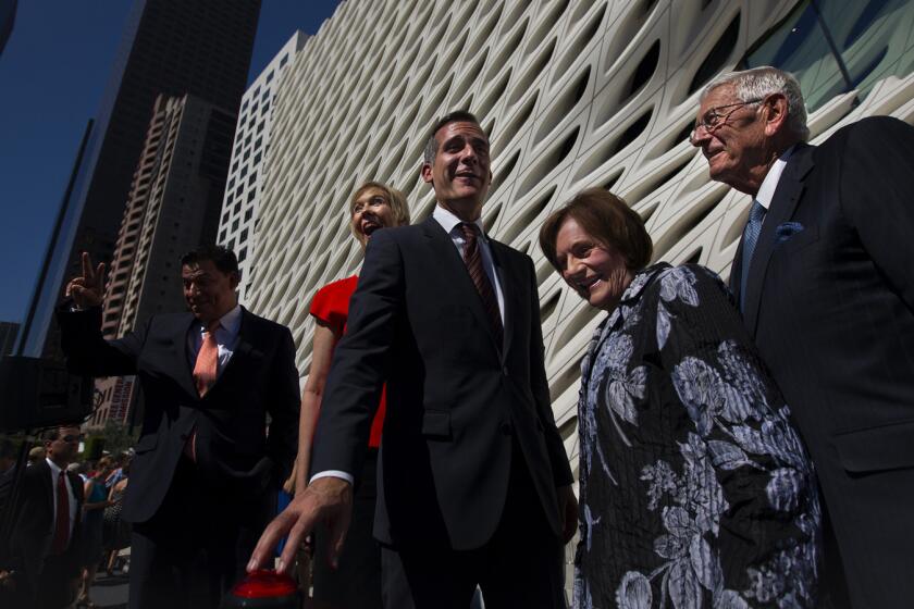 From left, Los Angeles City Councilman Jose Huizar, the Broad founding director Joanne Heyler, and Los Angeles Mayor Eric Garcetti are among those who joined Eli and Edythe Broad at the civic dedication and ribbon cutting to celebrate the opening of the Broad.
