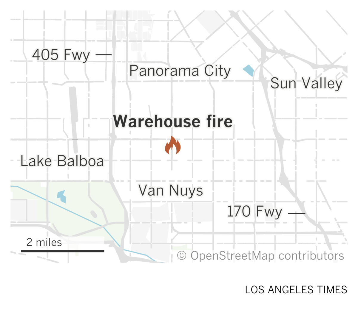 A map showing the location of a warehouse fire in Van Nuys