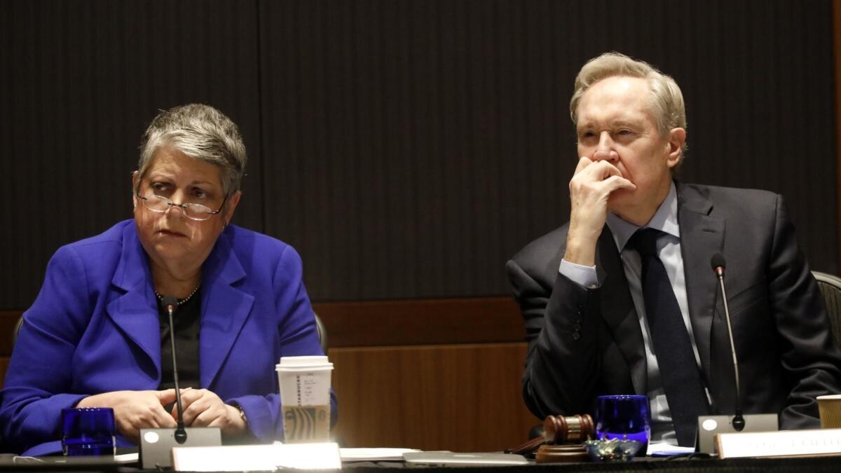 UC President Janet Napolitano and Regent George Kieffer listen to students' concerns about a proposed tuition increase for nonresident students during an open session of the regents' meeting in Westwood in March. The regents voted Thursday to approve the increase.