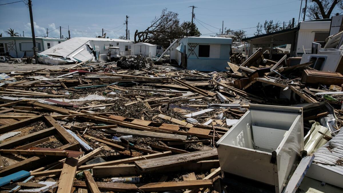 Trailer homes were destroyed by Hurricane Irma at the Sea Breeze trailer park in Islamorada in the Florida Keys.