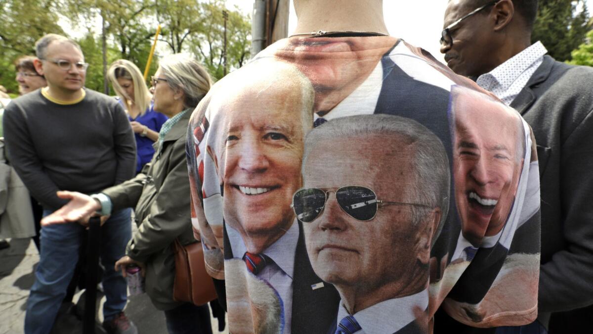 Supporters of Joe Biden's 2020 presidential candidacy wait outside before a rally in Pittsburgh on April 29.