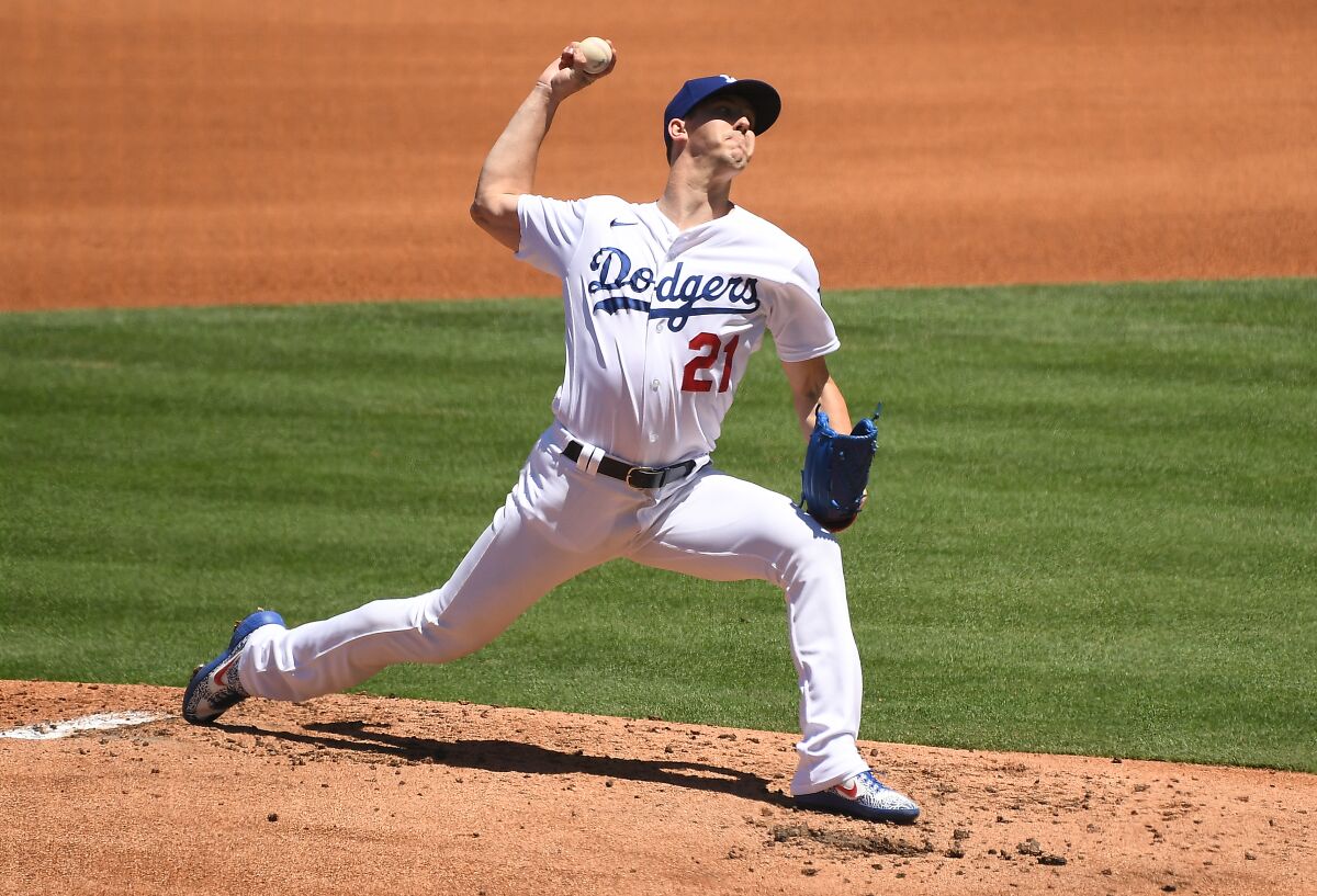Dodgers pitcher Walker Buehler throws a pitch during Sunday's win over the San Francisco Giants.