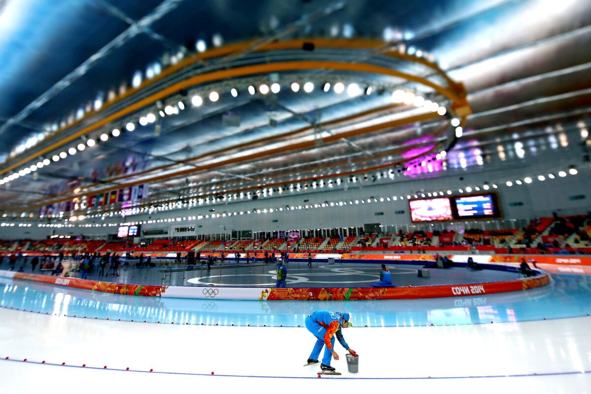 The ice is prepared during the women's 3,000-meter speedskating event during Day 2 of the Sochi 2014 Winter Olympics at Adler Arena Skating Center on Feb. 9, 2014, in Sochi, Russia. Speedskaters prefer a hard, fast surface.