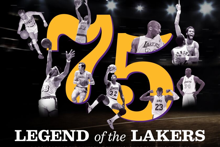 An image of the cover of the Los Angeles Times' book marking the 75th anniversary of the Lakers