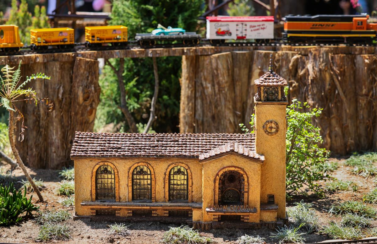 A model of L.A.'s Union Station made of natural materials.