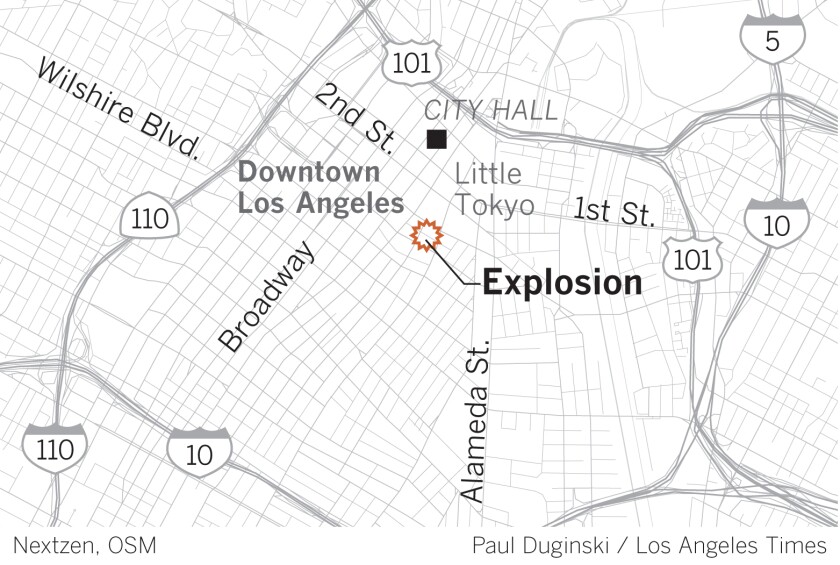 11 Firefighters Hurt In Downtown L A Explosion That Caused Fires At Several Buildings Los Angeles Times