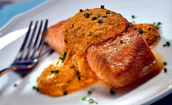 Roasted salmon with red pepper hazelnut pesto