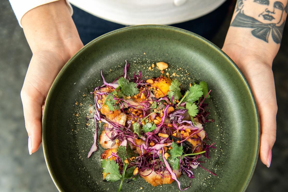Pork jowl, red cabbage, serrano, cilantro, peanut, peach, amaranth from Here's Looking at You