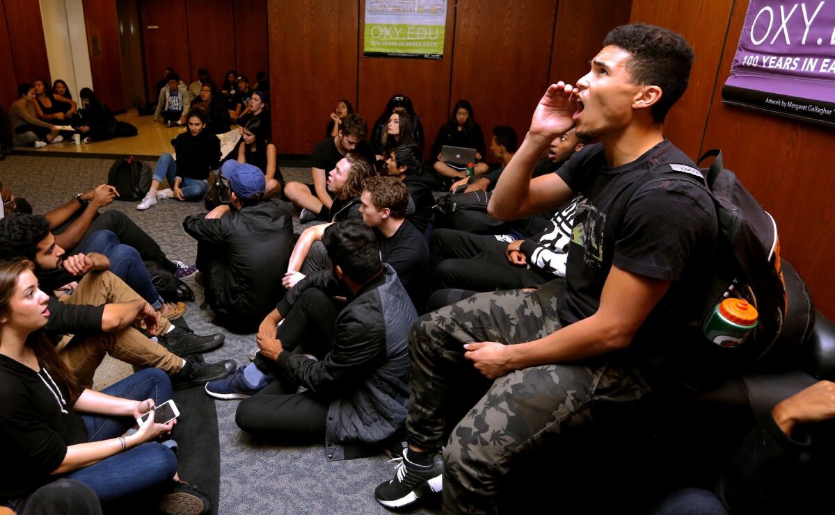 Occidental College students occupy a campus administrative center last fall. A new national survey found that American freshmen are the most highly committed to political and civic activism in 50 years.