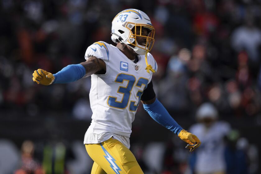 Los Angeles Chargers safety Derwin James Jr. (33) celebrates a turnover.