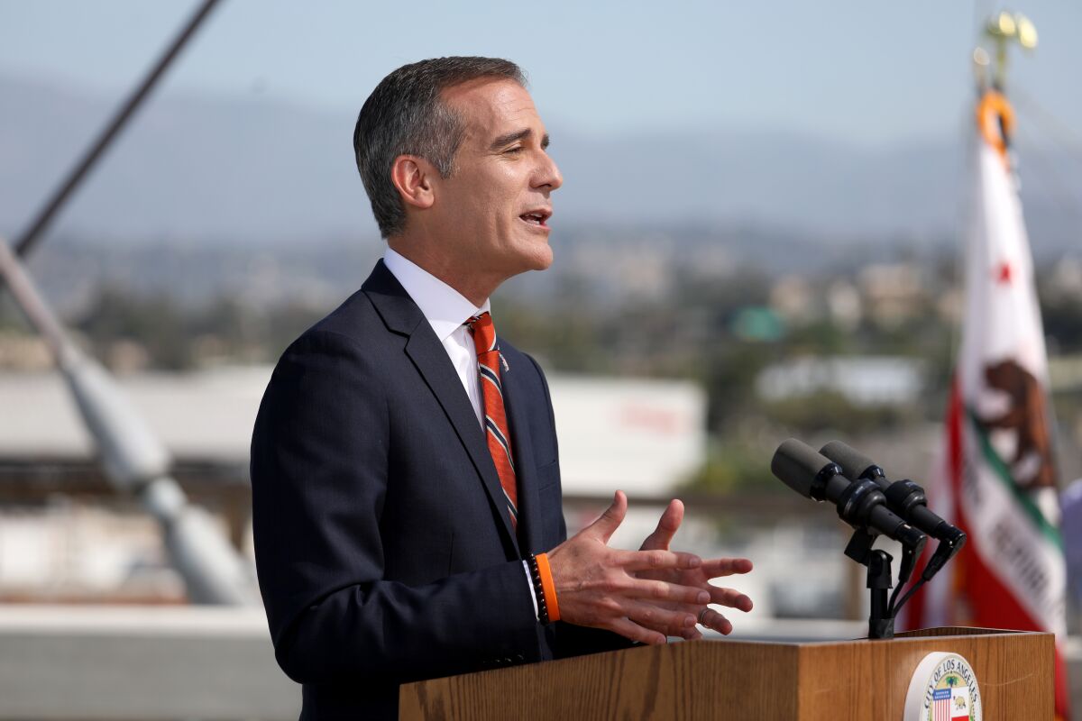 Mayor Eric Garcetti delivers the State of the City Address outdoors.