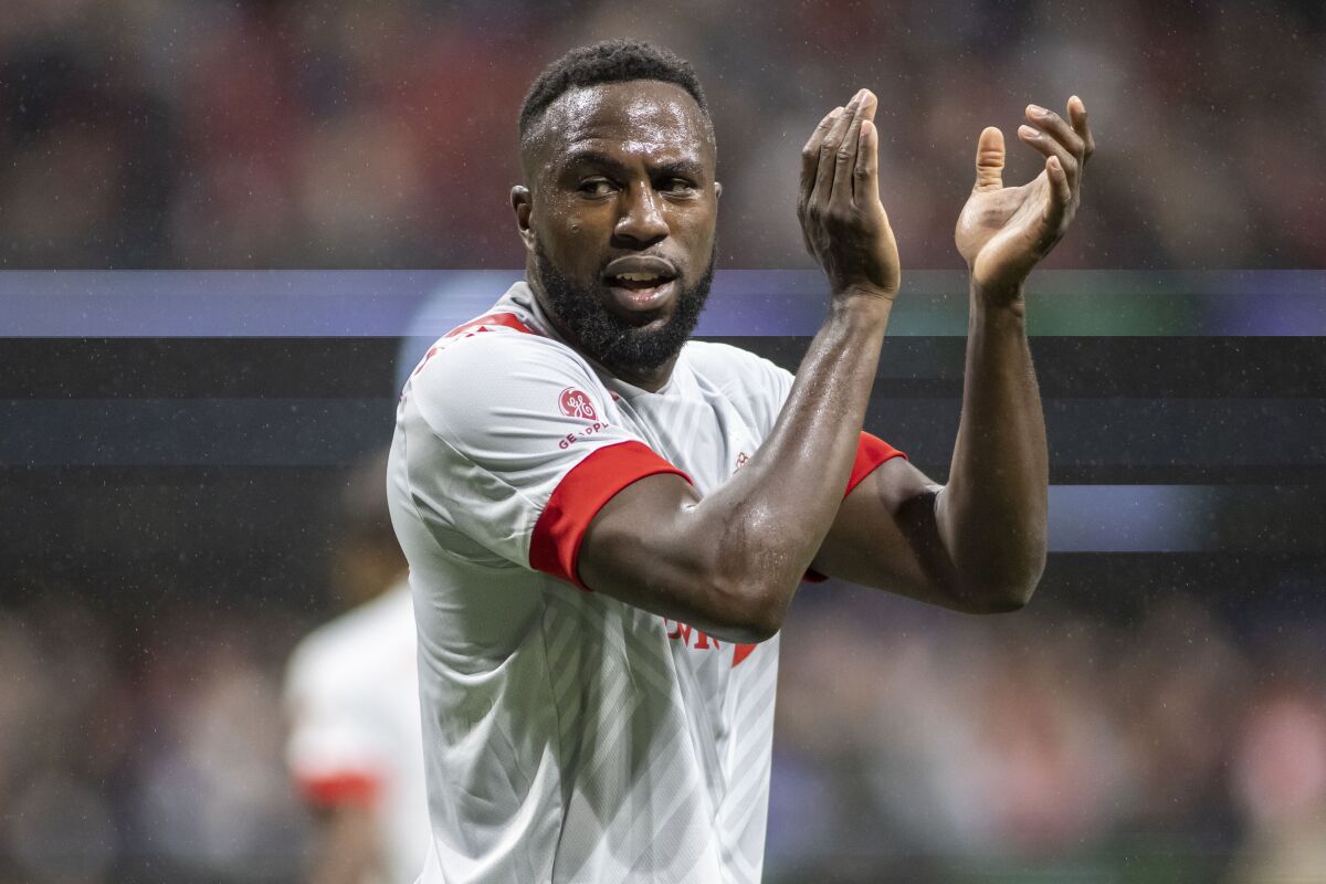FILE - Toronto FC forward Jozy Altidore reacts during an MLS soccer match on Saturday, Oct. 30, 2021, in Atlanta. Former U.S. national team forward Jozy Altidore signed with Major League Soccer's New England Revolution on Monday, Feb. 14, 2022. (AP Photo/Vasha Hunt, File)
