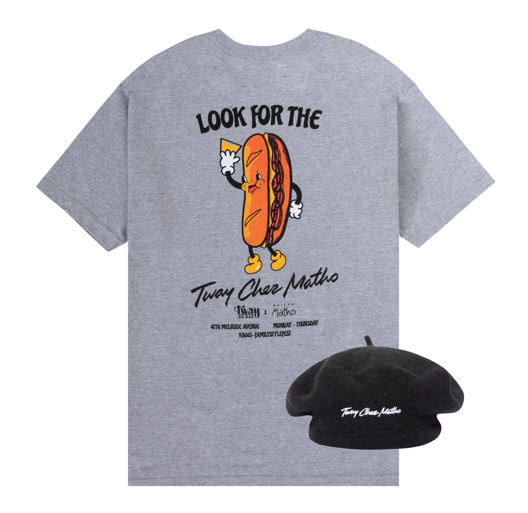 Hot dog t-shirt and black beret