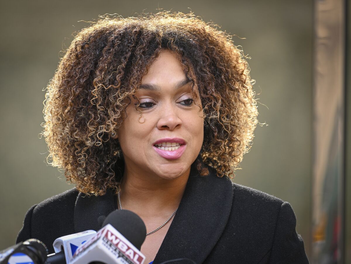 FILE - Baltimore State's Attorney Marilyn Mosby addresses the media outside her office on a day after her indictment on federal perjury charges on Friday, Jan. 14, 2022. Mosby is scheduled to be arraigned, Friday, Feb. 4, on federal charges. (Jerry Jackson/The Baltimore Sun via AP, File)