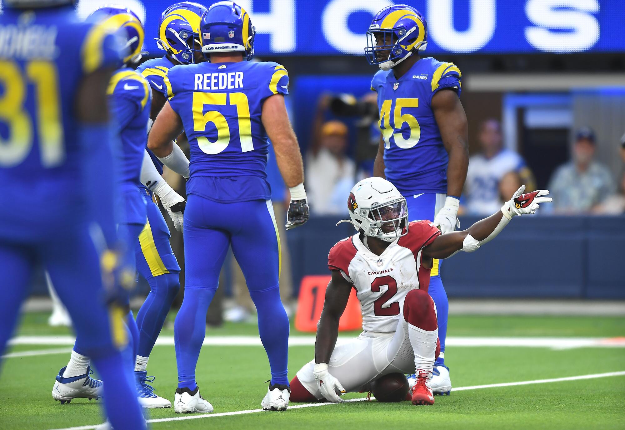 Arizona Cardinals running back Case Edmonds reacts after a first down against the Rams.