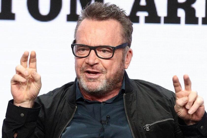 BEVERLY HILLS, CA - JULY 26: Tom Arnold of the television show "The Hunt for Trump Tapes" speaks during the A&E segment of the Summer 2018 Television Critics Association Press Tour at the Beverly Hilton Hotel on July 26, 2018 in Beverly Hills, California. (Photo by Frederick M. Brown/Getty Images) ** OUTS - ELSENT, FPG, CM - OUTS * NM, PH, VA if sourced by CT, LA or MoD **